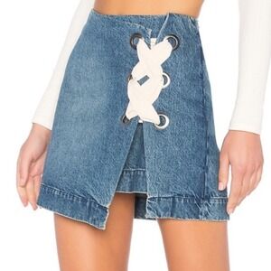 Anthropologie 3x1 NYC Denim Hollow Mini Skirt Lace Up‎ Front Women's Size S/26"